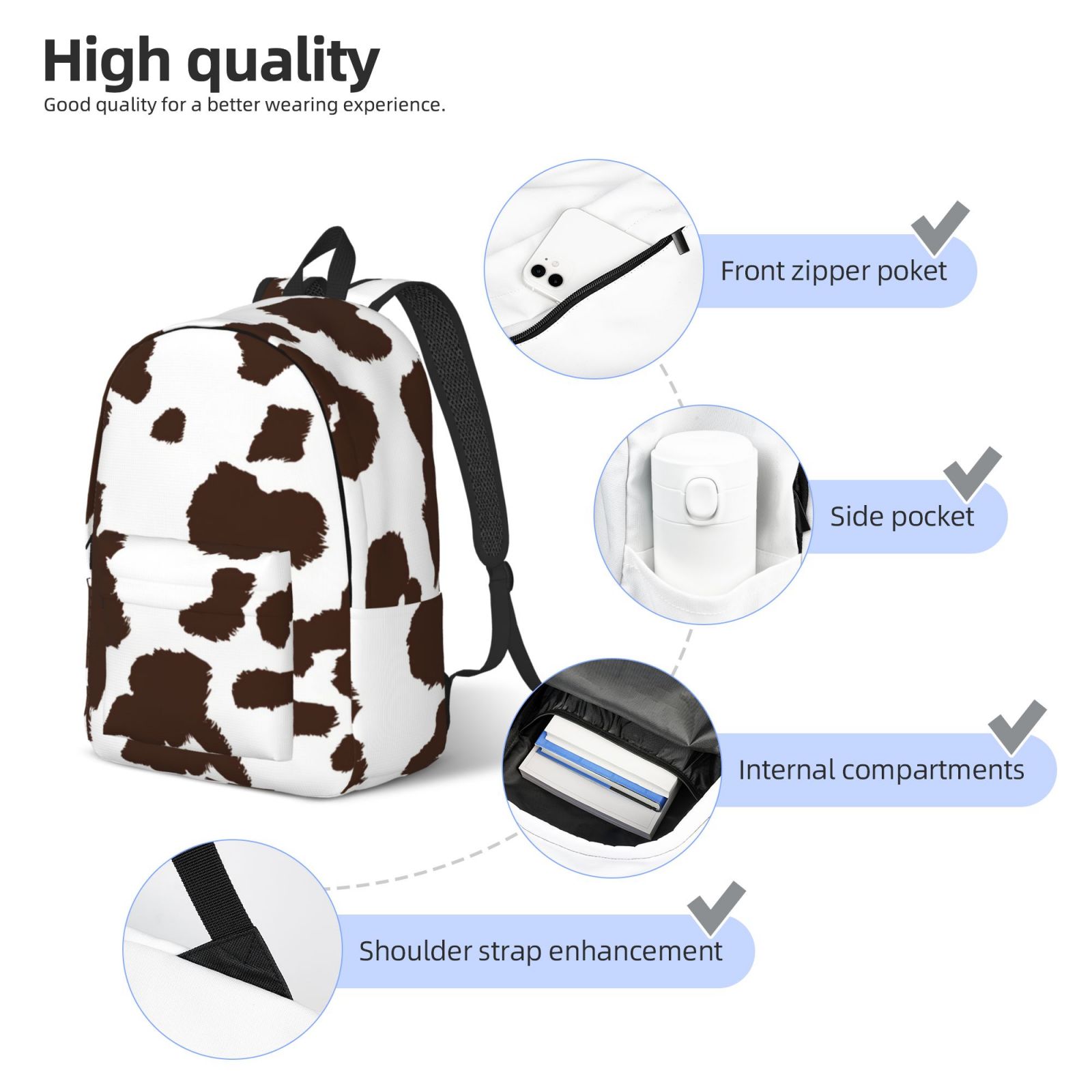Picia Brown Cow Printed Canvas Daypack - Stylish and Durable Vintage Compact Backpack - Class, Work, Travel, or Laptop Bookbag,Organized Compartments-Small
