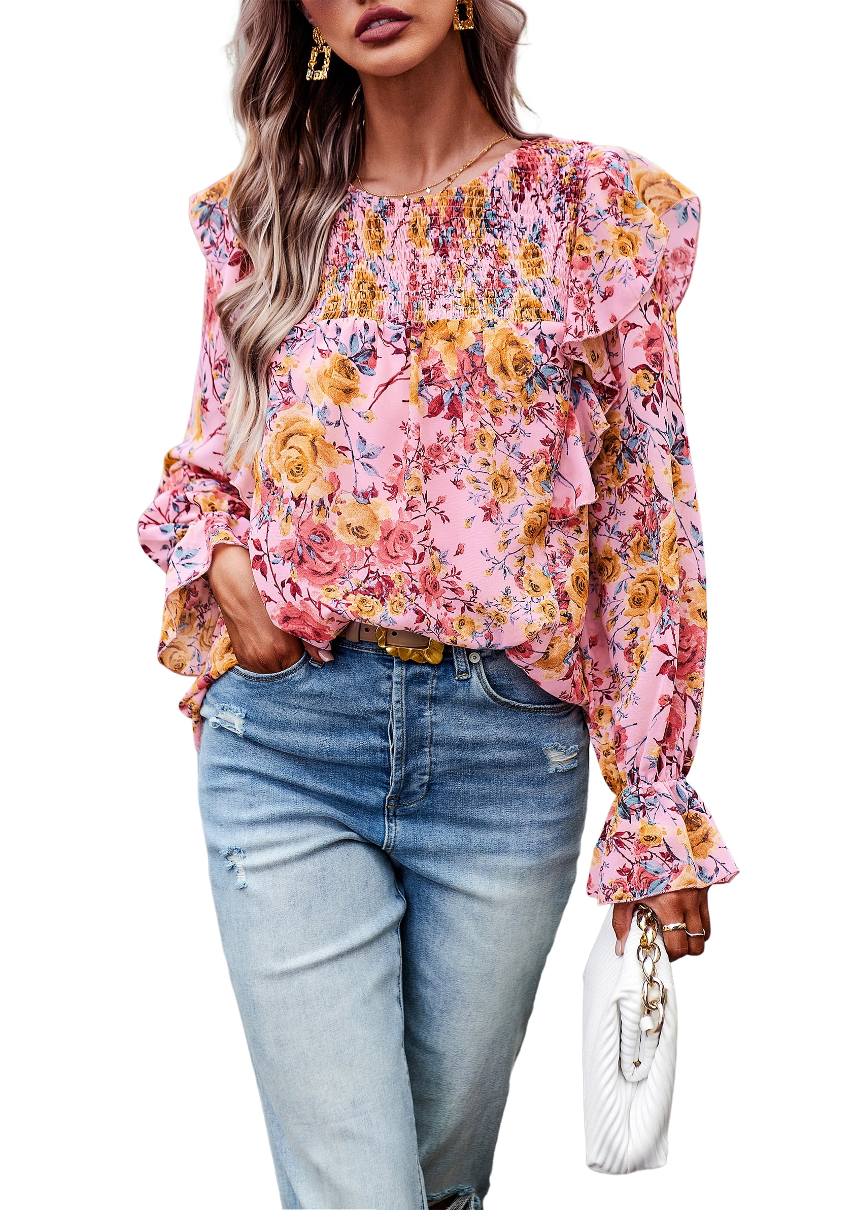Womens Blouses and Tops Boho Floral Print Long Sleeve Chiffon Shirts and Tops Loose Fit
