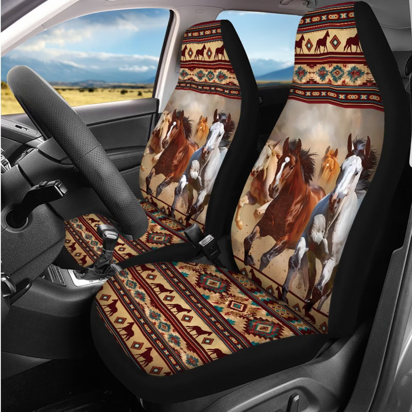 HUIACONG Aztec Horse Seat Covers for Cars Full Set Universal Car Accessories Seat Covers Front and Back with Steering Wheel Cover Armrest Cover Seat Belt Pads Headrest Cover Coasters Keychain
