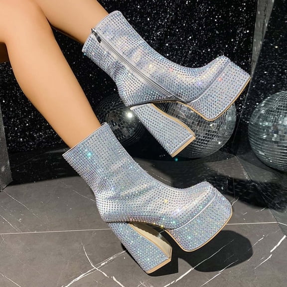 Wowcloth Women's Winter High-Heel Boots – Waterproof Platform with Full Crystal Decorations, High-Top Fashion for Runway and Casual Wear