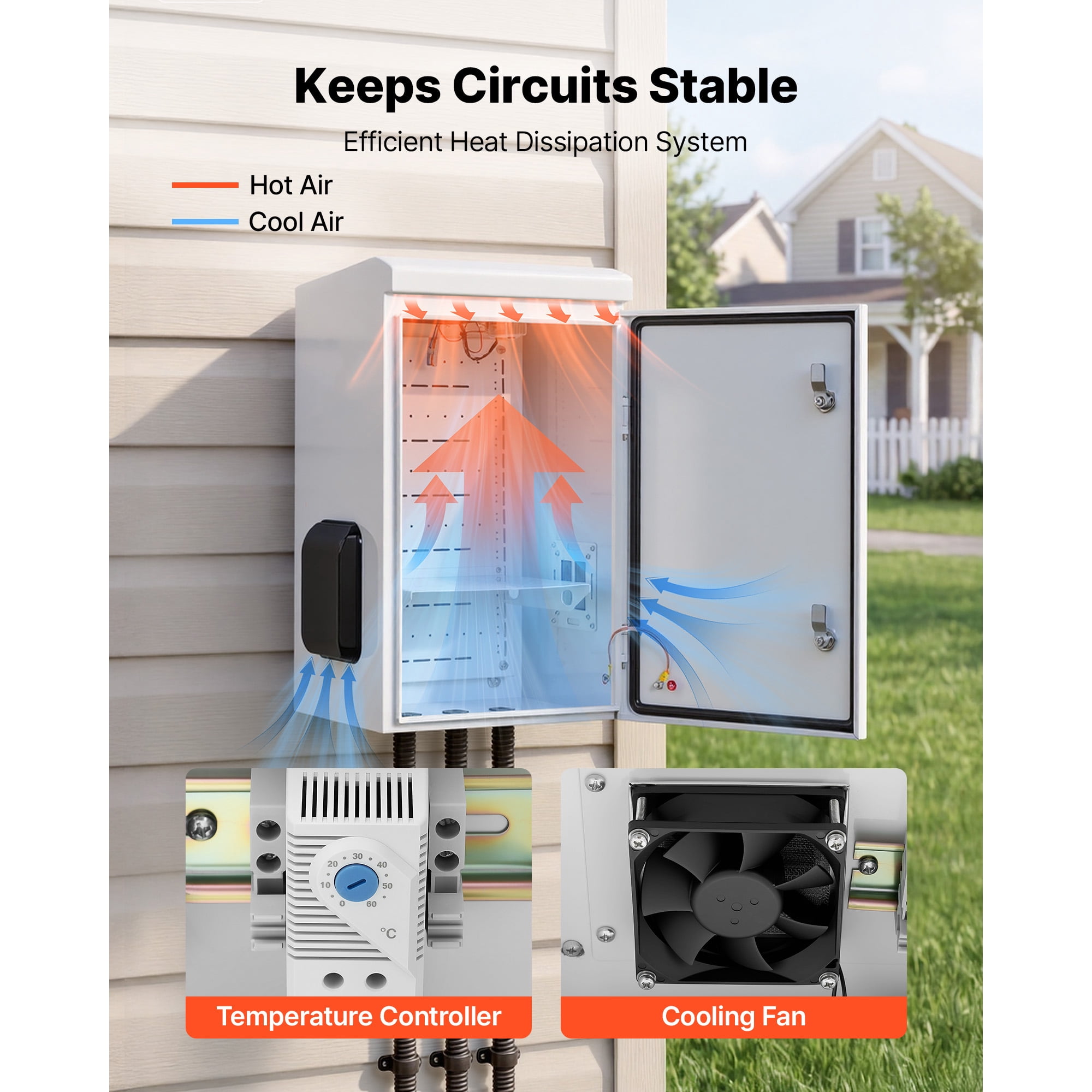 KFFKFF Outdoor Electrical Box, Cold-Rolled Steel, Junction Box with Built-In Thermostat and Fan, Rain Shield, Ventilated Structure, IP65 Waterproof Hinged Enclosure, 24 x 16 x 12 in