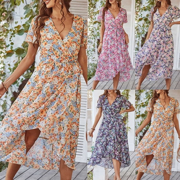 Snorda Floral Dress for Women, Fashion Summer V-Neck Printed Short Sleeve Casual Loose Dress All Over Print Sundress Ideal for Daily Casual Wear Beach Holiday & Everyday Outfit