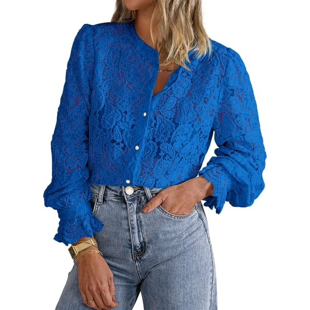 Blusa de Encaje para Mujer PRETTYGARDEN Manga Larga con Botones Azul L