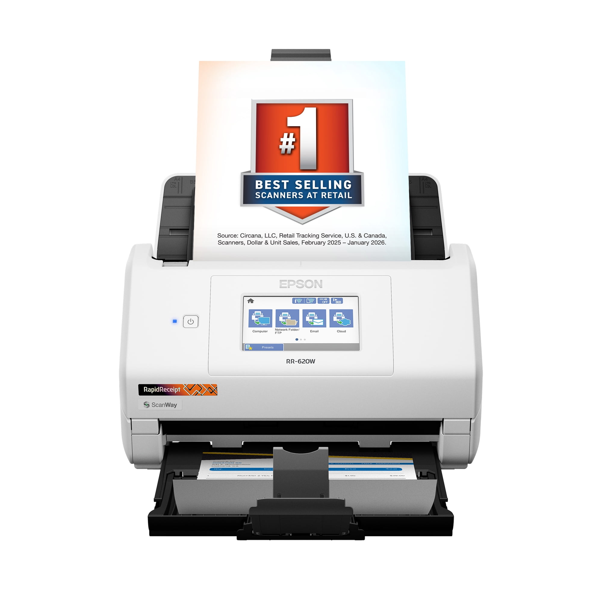 Epson RapidReceipt RR-620W Wireless & USB High-Speed AI & Cloud Ready Desktop Color Duplex Receipt & Document Scanner for Mac & PC, up to 45 ppm, 4.3" Color Touchscreen, 100-Page Auto Document Feeder