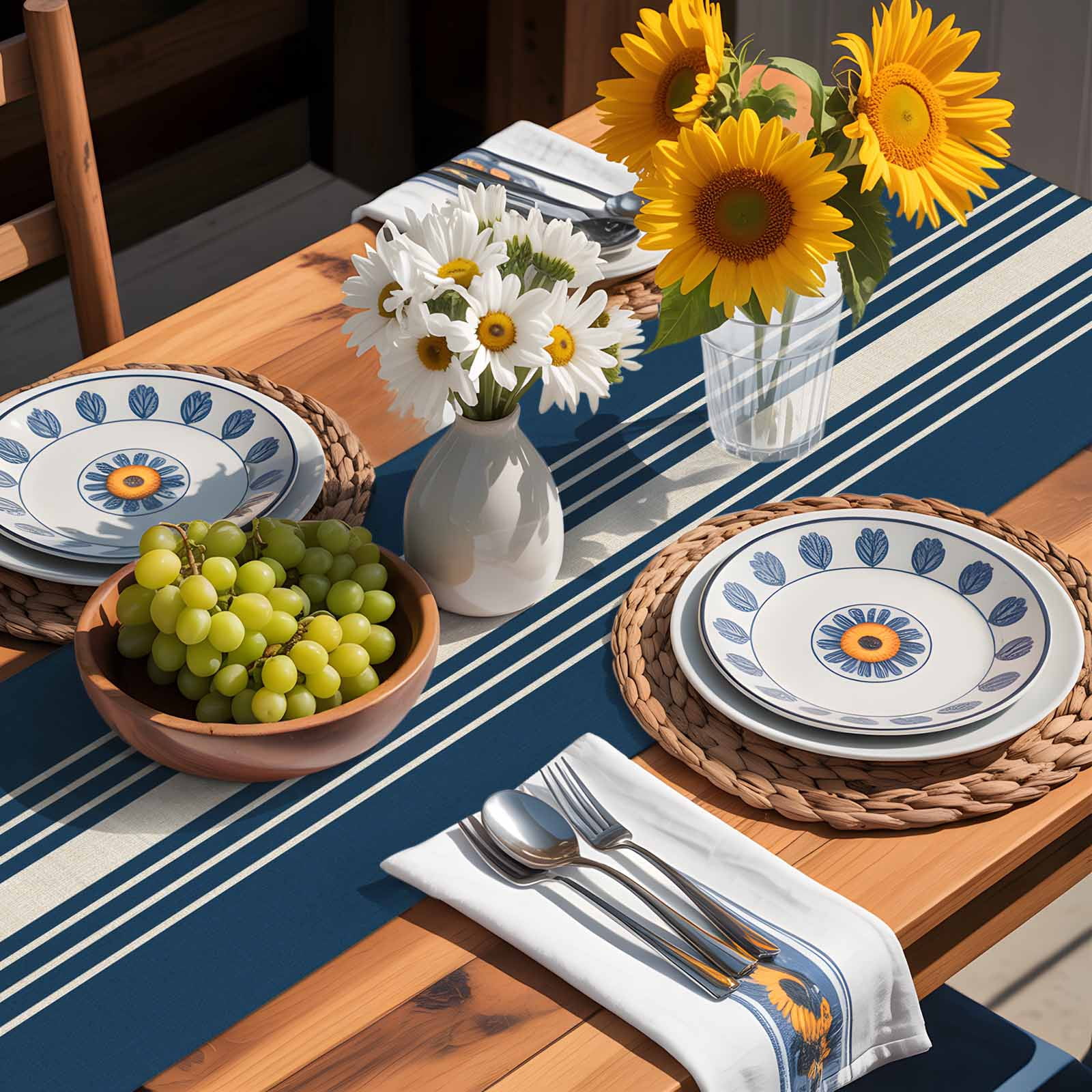 Vintage Linen Stripe on Blue Table Runner 90 Inches Long, Modern Minimalist Art Table Runners Tabletop Scarf Kitchen Dining Tables Decoration for Home Party Indoor Outdoor