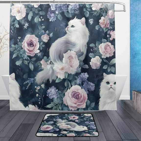 BZSMCE Shower Curtain and Bath Accessory Set,Charming Cat Blossoms Pattern