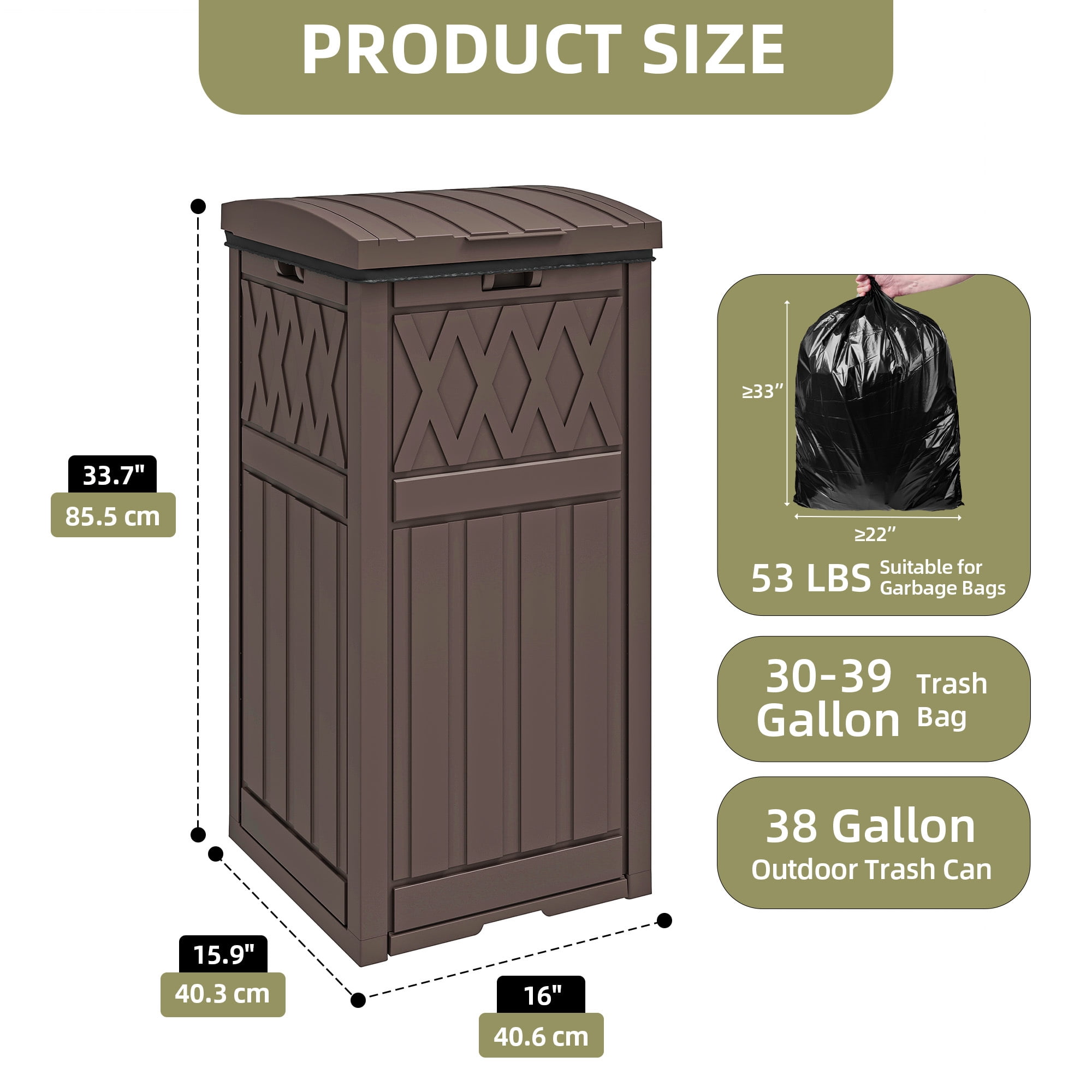 Uforic 32 Gallon Large Outdoor Trash Bin, Waterproof Garbage Can with Lid and Drip Tray for Porch, Backyard, Patio, Dark Brown