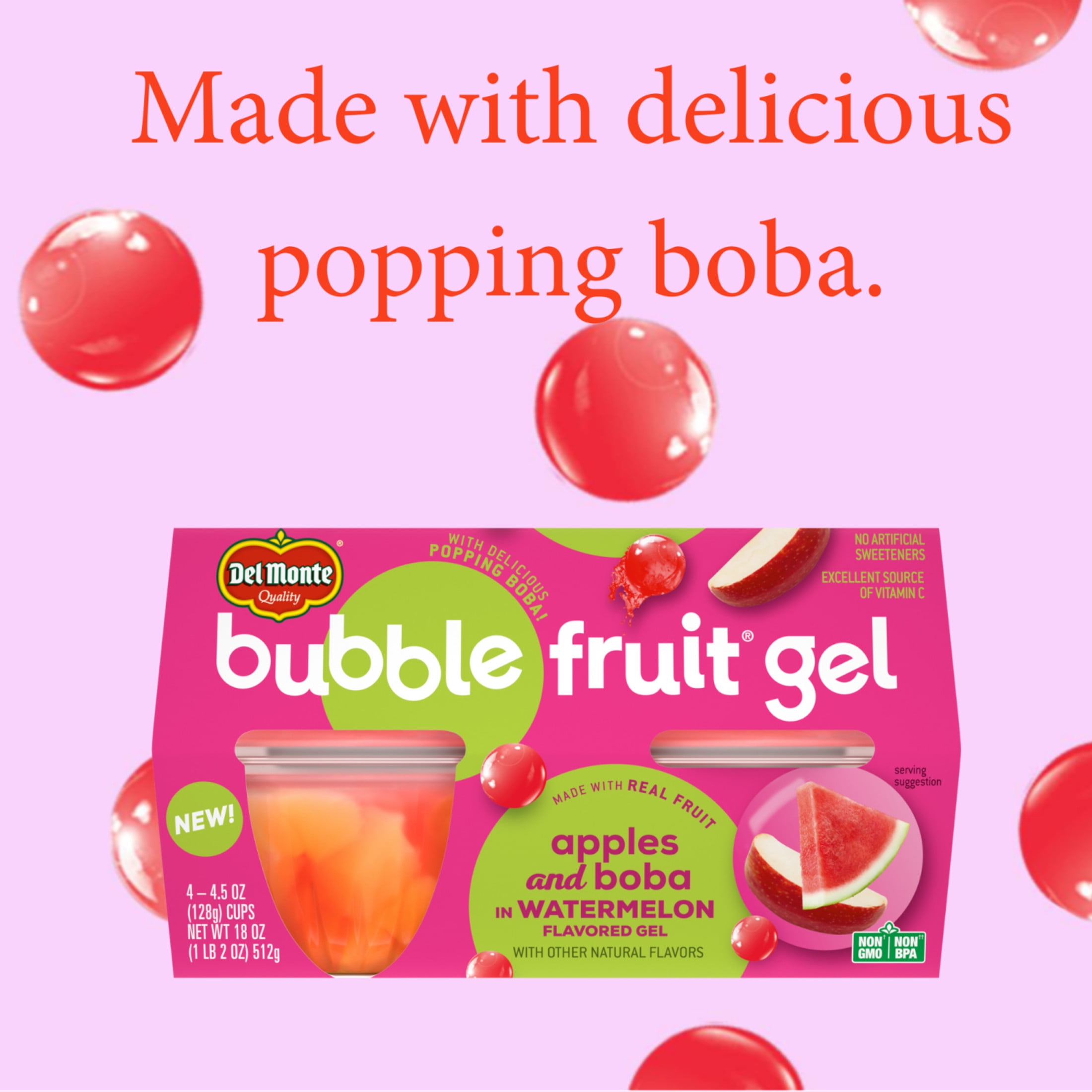 (4 pack) Del Monte Bubble Fruit Gel Apple Watermelon Fruit Cup Snack with Popping Boba, 4.5 oz Cup (Pack of 4)