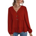 thumbnail image 1 of Blusa de mujer de manga larga de color puro con cuello en V y decoración de botones con dobladillo con volantes para el hogar, color rojo vino S, 1 of 8