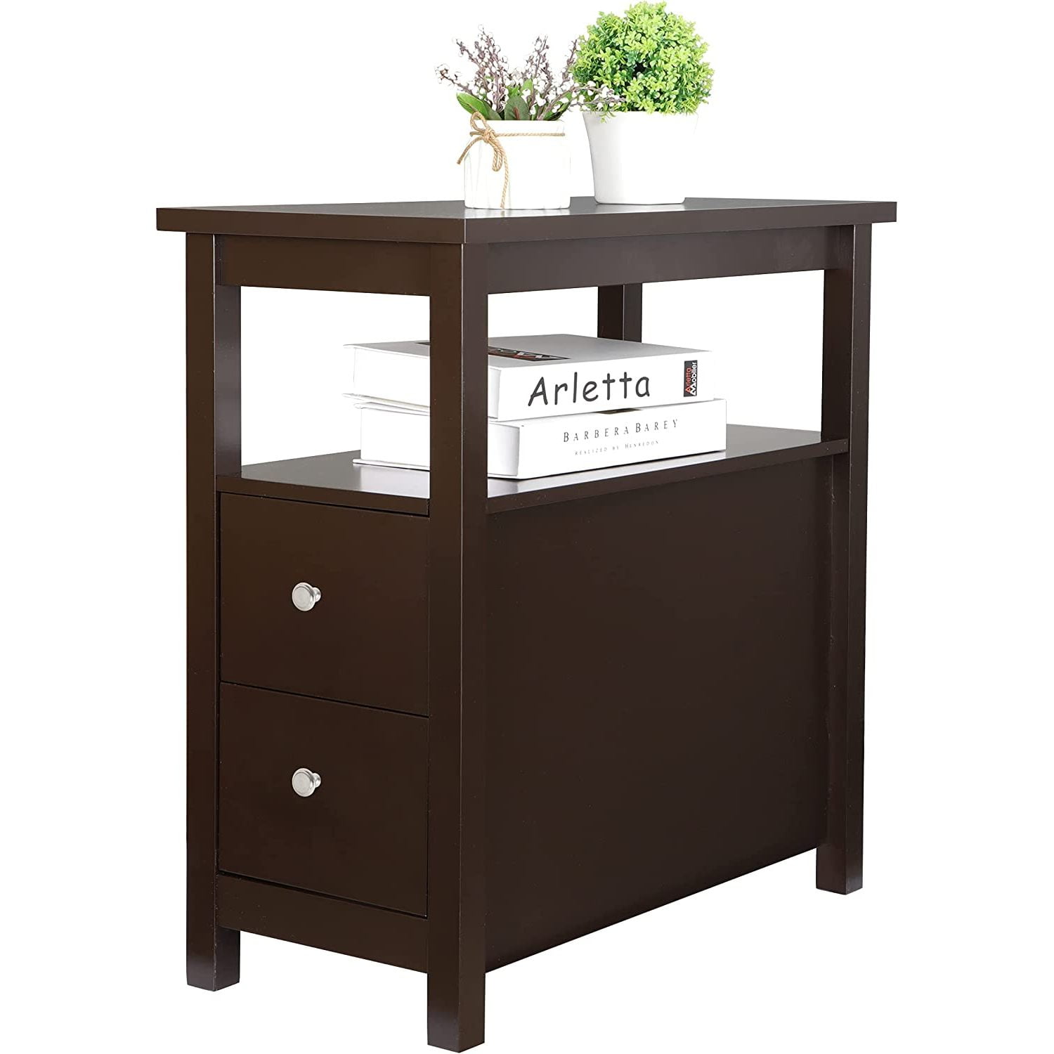 Narrow End Table Slim Sofa Side Table with 2 Drawer and Open Storage