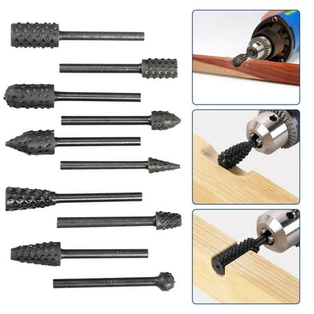 10pc BLACK Aloy Steel Wood Rasp Bur Burr Bit Set 1/8