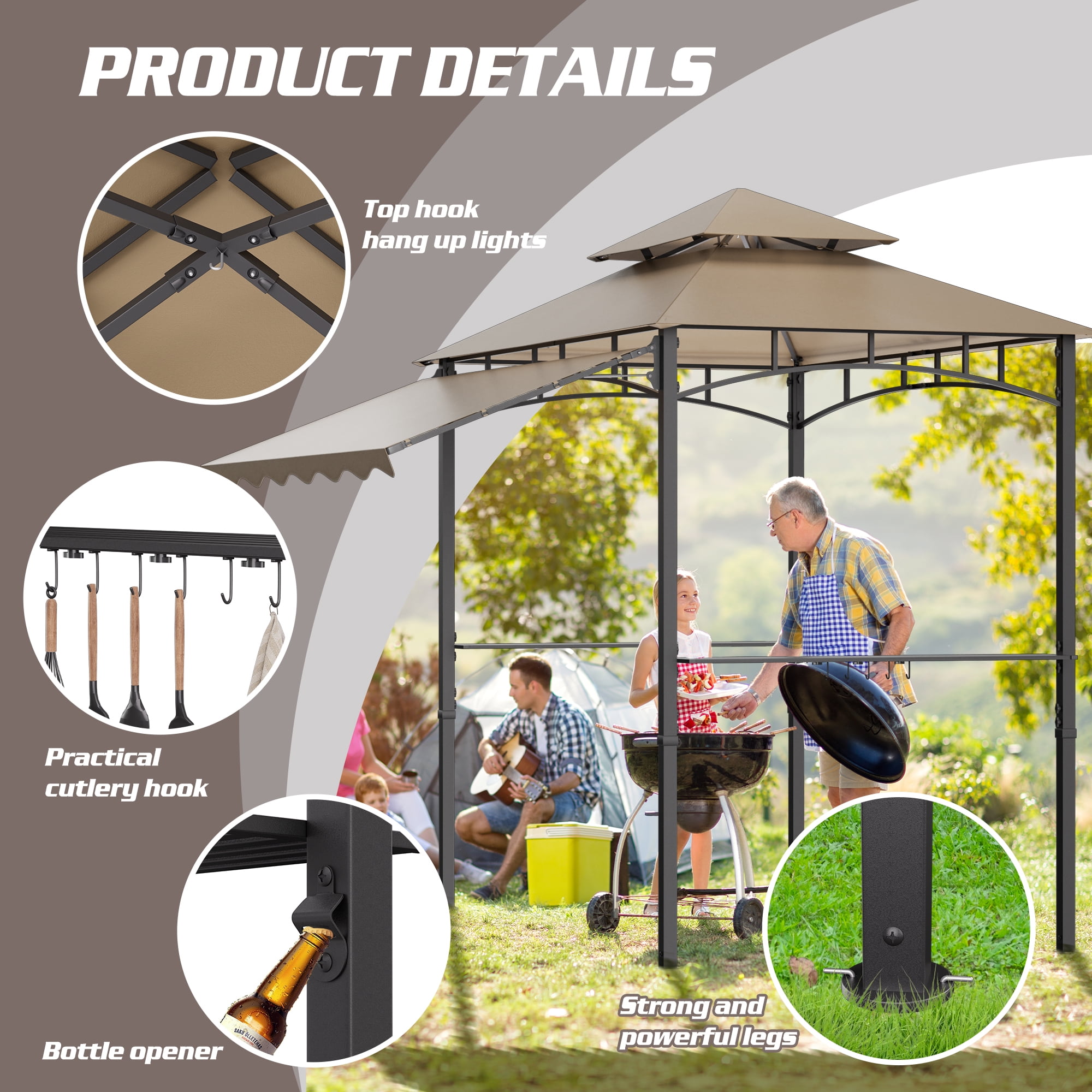 Magic Union 8'X8' Grill Gazebo Canopy - Heavy Duty Steel Frame, Double Tiered Grill Canopy for Outdoor Grill W/Shelves, Ceiling Hooks and Ground Stakes, Patio Canopy Tent BBQ Gazebo for Backyard