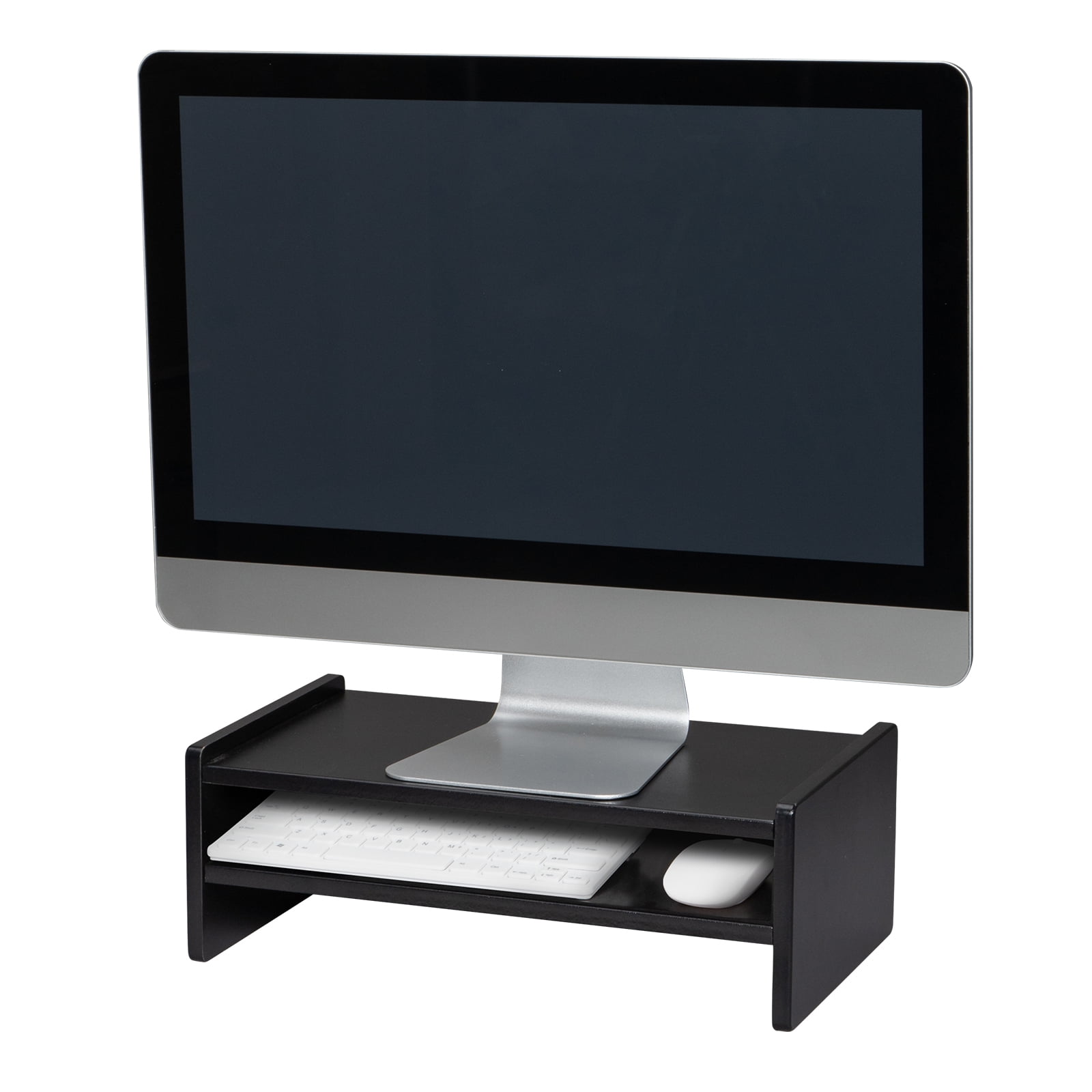 Kepooman 2-Tier Wood Arm Riser Desk Storage Organizer, 16.7 inch Computer Monitor Stand Clamp Desk TV Shelf Risers