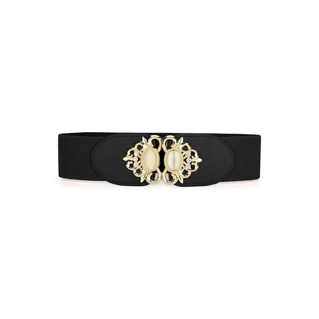 Cinturones elásticos Allegra K de 2.36" de ancho, de cuero sintético con cuentas de ópalo y incrustaciones de strass, cinturón ajustable elástico para vestido de 76 cm/30" en negro