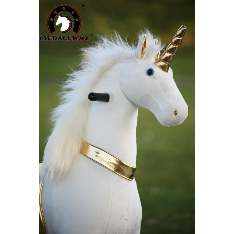 Medallion Golden Unicorn Ride-On Toy Horse for Kids, Stable with