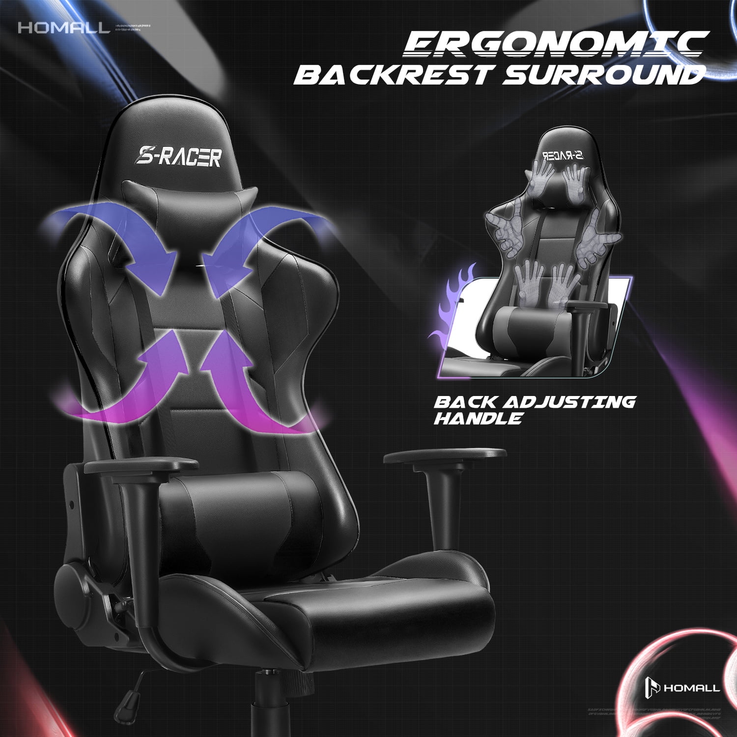Homall Gaming Chair Office Chair High Back Computer Chair Leather Desk Chair Racing Executive Ergonomic Adjustable Swivel Task Chair with Headrest and Lumbar Support, Black