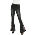 thumbnail image 1 of Womens Floral Daisy Embroidered Mid Rise Bell Bottom Flare Frayed Hem Jeans, 1 of 5