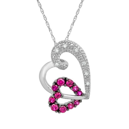3/8 ct Created Ruby Heart Pendant Necklace with Diamonds in 10kt White Gold