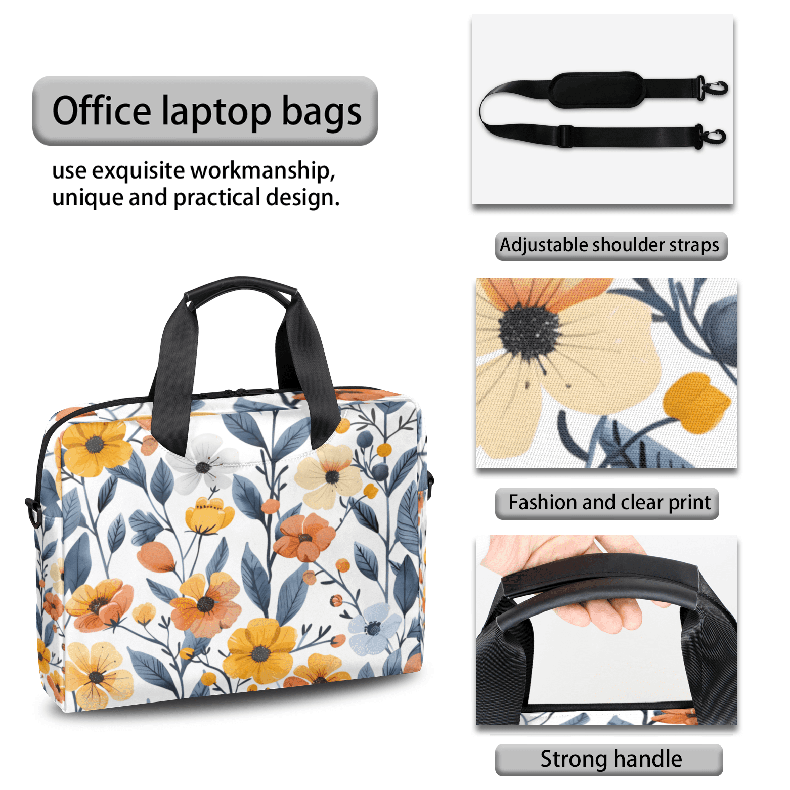 Herdesigns Flower Print Laptop Bag for Women Men, Computer Case Briefcase Messenger Bags, 15-15.6 inch Laptop Sleeve Shoulder Bag