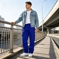 thumbnail image 6 of Men's Wide Leg Cargo Pants High Waisted Drawtring Baggy Adjustable Casual Loose Fit Warm Trousers Hiking Work Pant with Multi Pockets Royal Blue L, 6 of 9