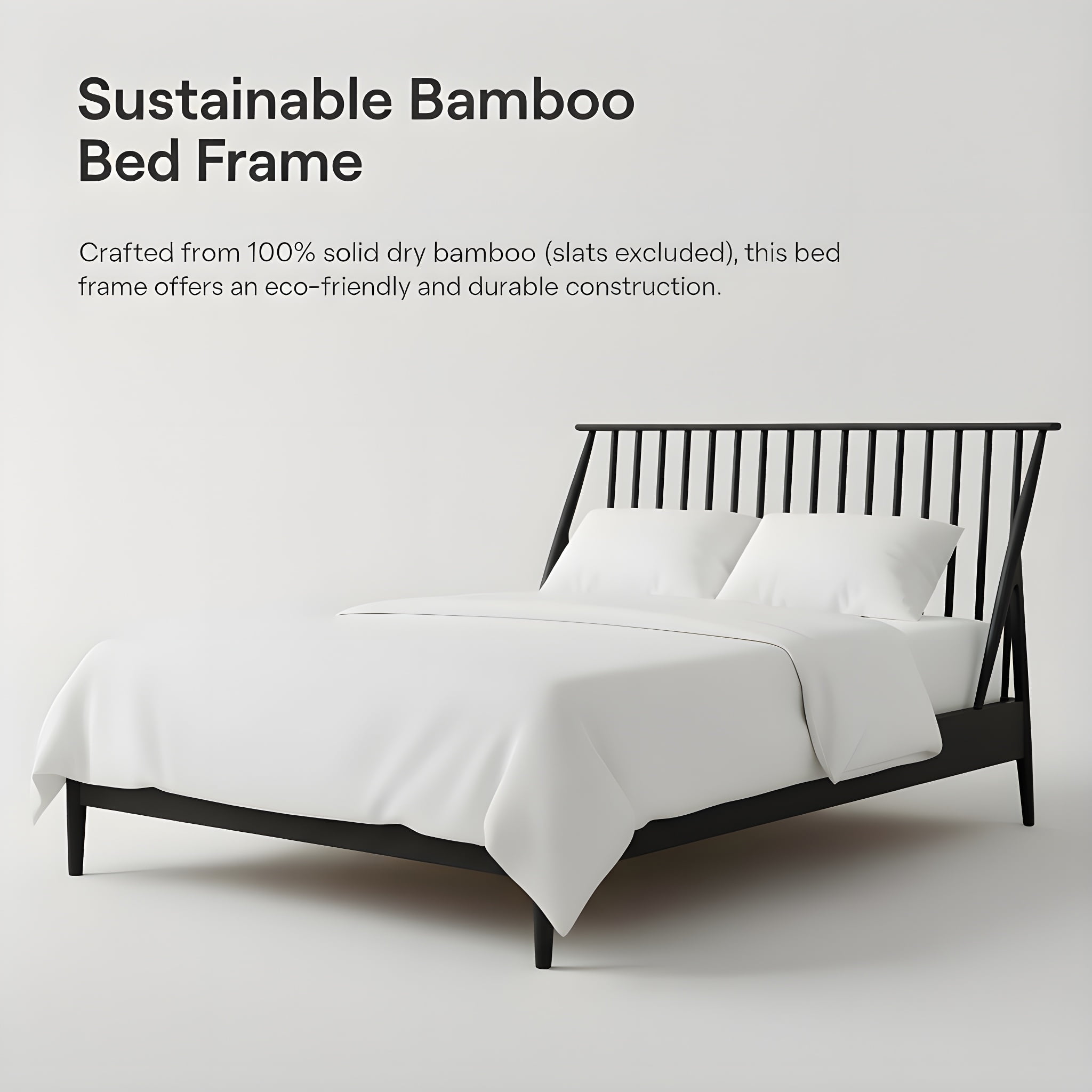 Euroco Bamboo Wood Spindle King Size Platform Bed with Tall Headboard, Bohemian Bed Frame with Wooden Slats and Metal Support, Mid-Century Modern Style, Black