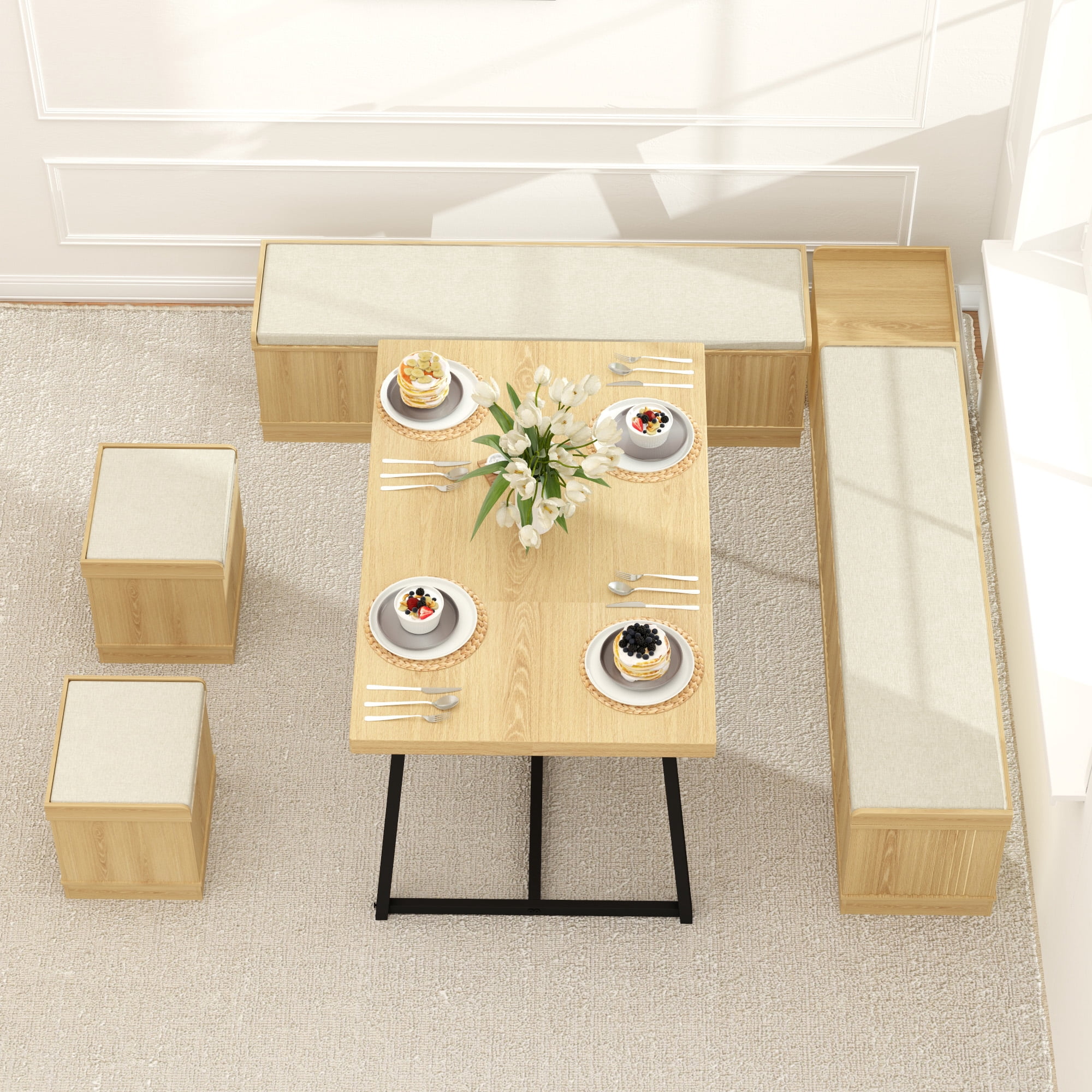 Brafabhome 6 PCS Dining Table Set with Storage Bench, Modern Corner Breakfast Nook with Cushions Stool for 6, Suitable for Kitchen and Dining Room | Nature