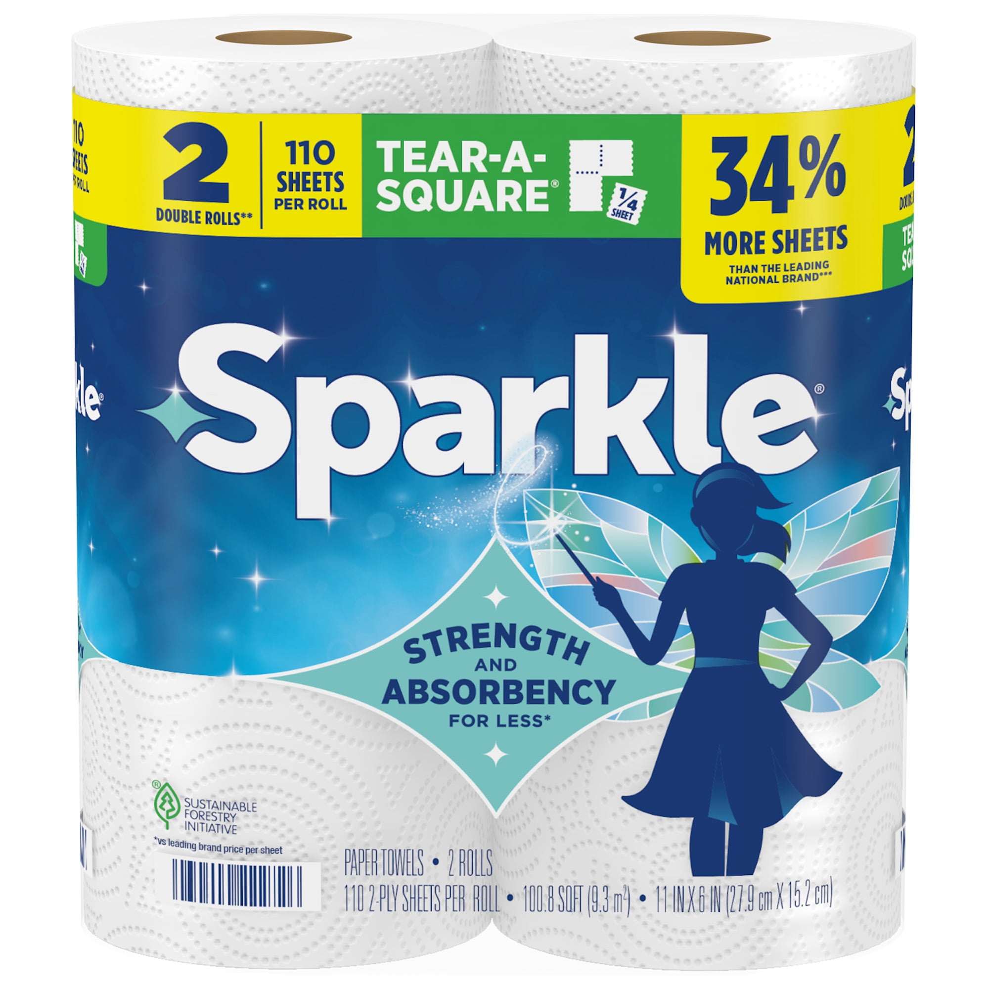 Sparkle Tear-A-Square Paper Towels, 2 Double Rolls, 110 Sheets per Roll