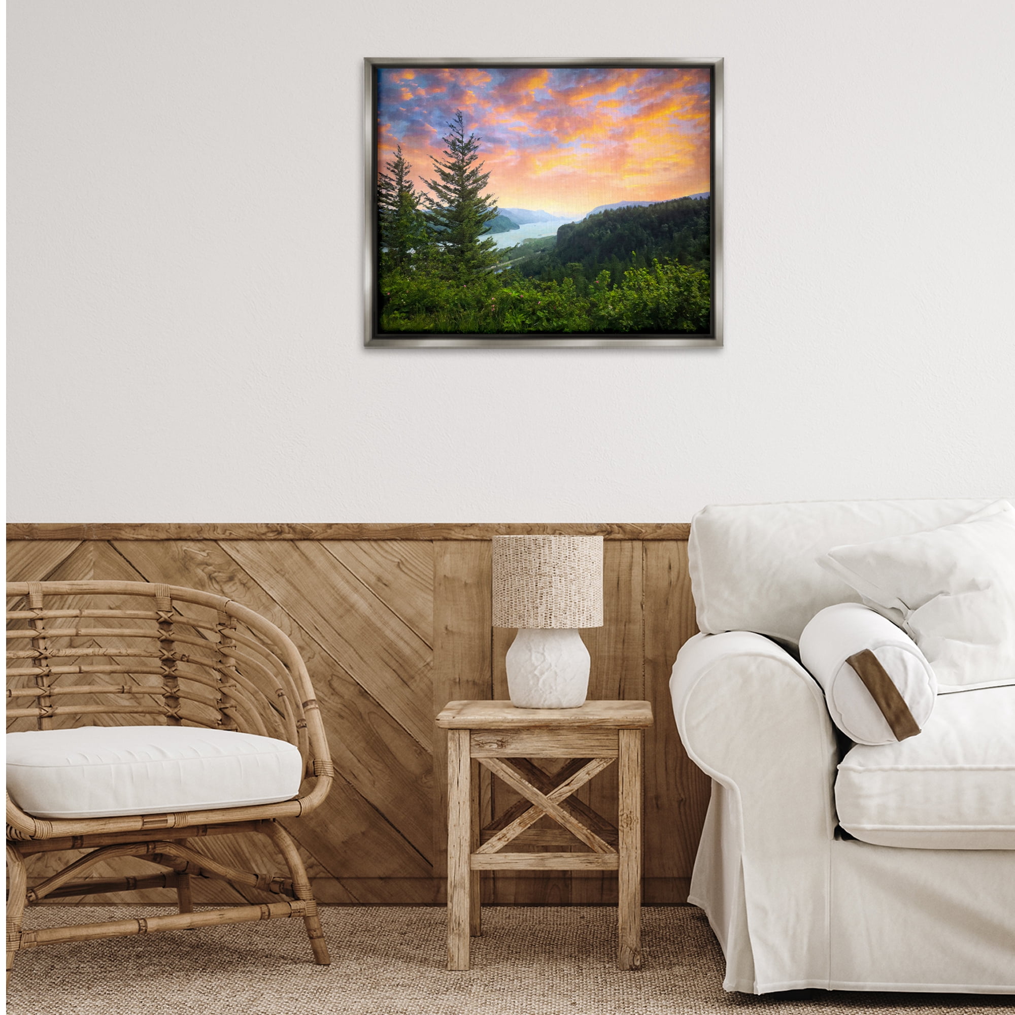 Stupell Industries Scenic Overlook at Sunset Landscape & Nature Painting Gray Floater Framed Canvas Art Print Wall Art, 31 x 25