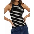thumbnail image 1 of Halter Tank Tops for Women Summer Striped Stretchy Ribbed Knit - Shirts Slim Fitting Black L, 1 of 8