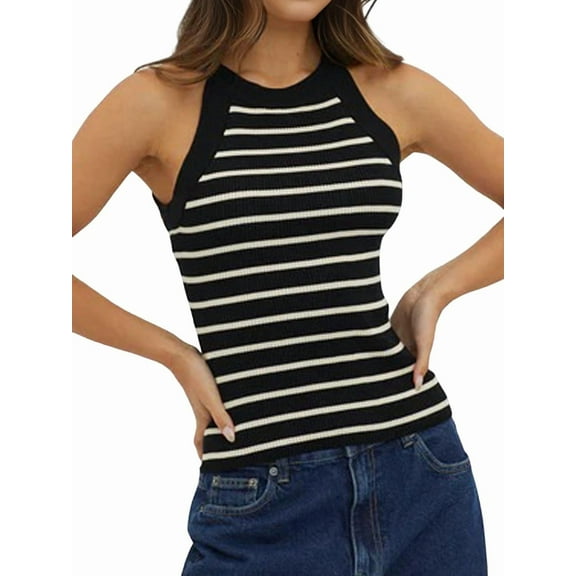 Halter Tank Tops for Women Summer Striped Stretchy Ribbed Knit - Shirts Slim Fitting Black L