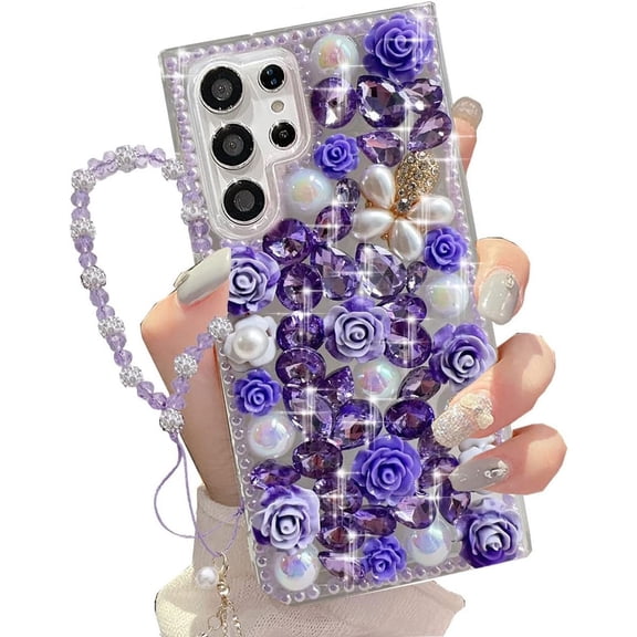 Samsung Galaxy S23 Ultra Glitter Bling Case,Cute Luxury 3D Sparkle Crystal Rhinestone Flowers Diamond Pearl with Lanyard Wrist Strap Women Girls Case for Galaxy S23 Ultra 6.8inch (Purple)