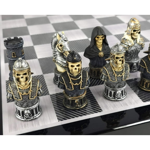 Medieval Times Skull Busts Gothic Chess Set W 18" Black Carbon Fiber Color Board