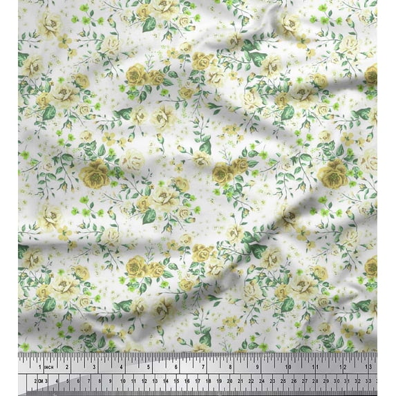 Soimoi Yellow Japan Crepe Satin Fabric Leaves & Floral Print Fabric by The Yard 42 Inch Wide