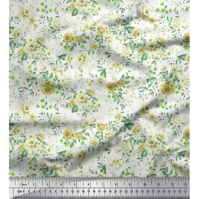 Soimoi Yellow Poly Georgette Fabric Leaves & Floral Print Sewing Fabric BTY 52 Inch Wide