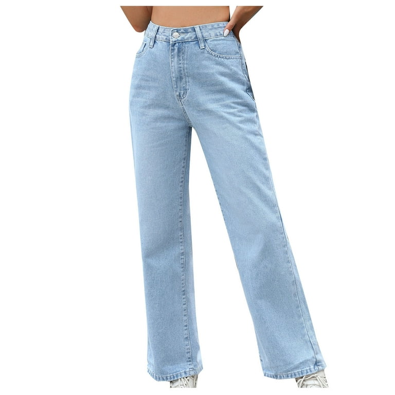 Light Fashion Blue Wide 10 Jeans- Leg Stretchy Boyfriend Guzom Fall Waisted Denim High Pants Womens Size Baggy