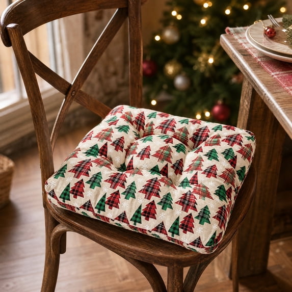 Christmas Tufted Chair Cushion, Soft Seat Pad with Festive Snowflake Tree Candy Cane Print, for Winter Holiday Dining Kitchen