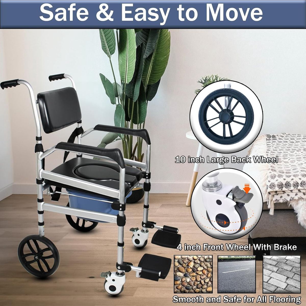 Magicorange Folding Bedside Commode with Bucket & Wheels, 350lbs Load Capacity Padded Mobility Shower Chair with Soft Backrest for Senior & Handicap