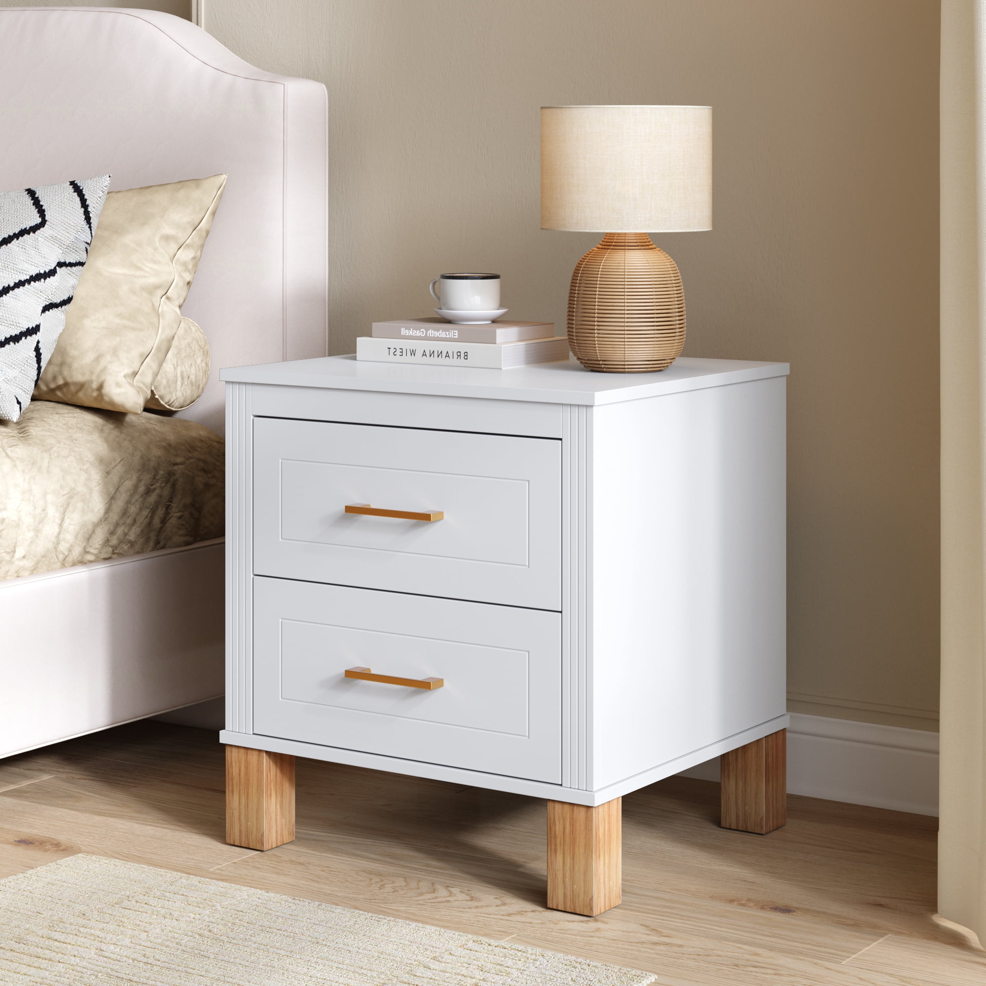 Leumius Nightstand for Bedroom,Wood Bedside Table with 2 Drawer & Solid Wood Legs,Small Storage Cabinet for Living Room,White