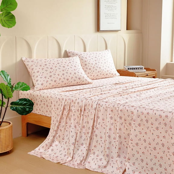 Cotton Sheet Set Floral Printed, 300 Thread Count Cotton Queen Sheet Set, 16" Deep Pocket, Breathable Cooling Sheets 4 Pieces (Queen, Pink Floral)