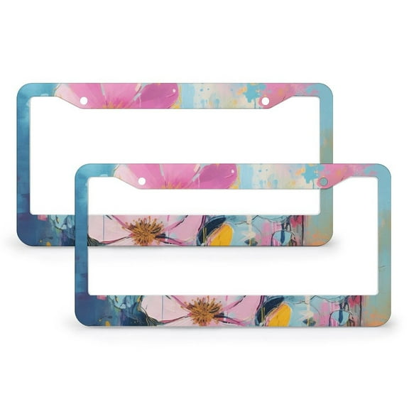 License Plate Cover Blue, Pink And Yellow Flower Painting License Plate Frames Cover Holders 2 Pieces Spring Summer Floral Metal License Plate Frames for US Standard Vehicles for Women Men