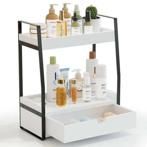 Vanity Organizer Countertop 2-Tier, Trapezoidal Bathroom Sink Shelf with Drawers, Space-Saving Countertop Storage for Cosmetics, White
