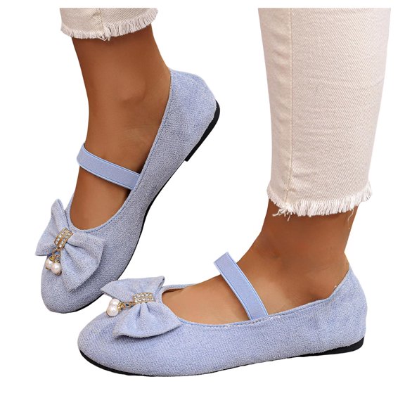 HEWUQI Bowknot Mary Jane Flats for Women Elatic Strap Soft Sole Ballet Slip on Wide Arch Support Commute Comfortable Dressy Shoes Sky Blue Size 9