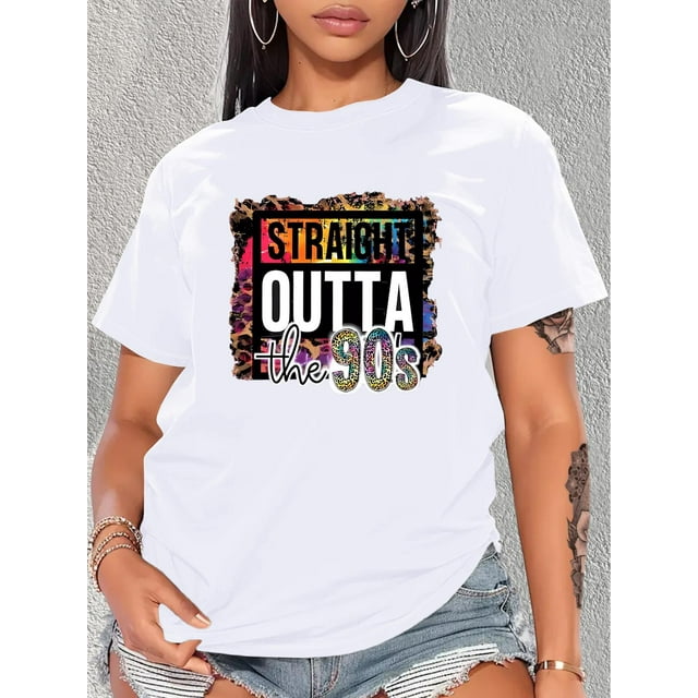 Retro-Inspired 'STRAIGHT OUTTA THE 80S' Leopard Print & Letter Graphic Tee for Women - Casual Round Neck Short Sleeve, Breathable Polyester, Machine Washable - Perfect for Spring/Summer, Leopard Prin