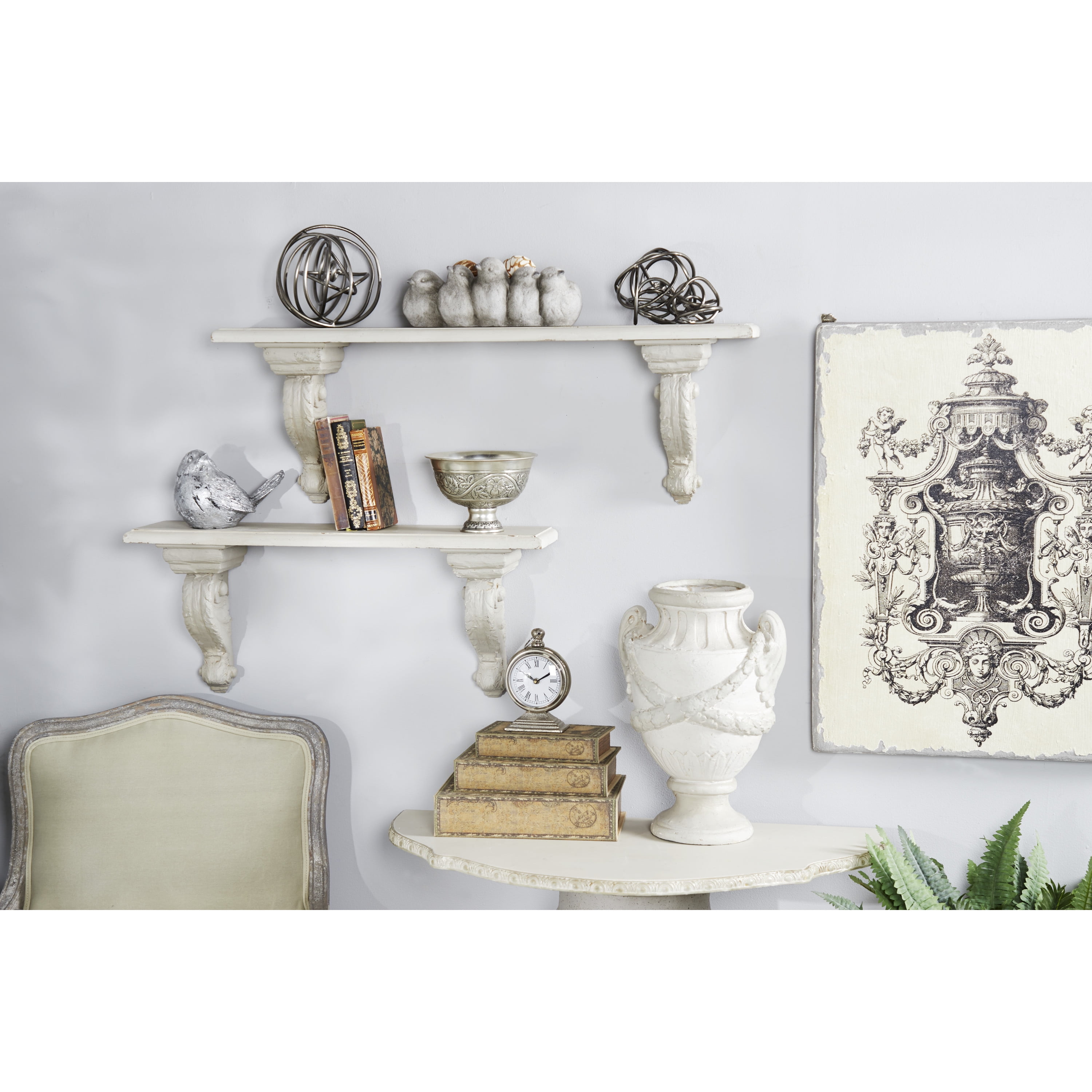 DecMode Indoor White Wood Farmhouse Wall Shelf
