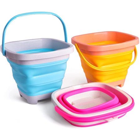Fun Little Toys 3 PCs Bucket with Handle  Foldable Castle Mold Sand Buckets Pails  Beach Sand Toys for Kids Outdoor Playset Swimming Camping Fishing Travel Tub Summer beach bucket toys Portable bucket