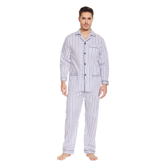 GLOBAL Mens 100% Cotton Long Sleeve Pajama Set, Breathable Lightweight Button Down Nightwear with Pants, S-3XL
