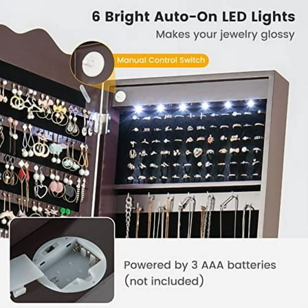 CHARMAID Rolling Jewelry Armoire with Full Length Mirror, Lockable Stand up Jewelry Cabinet with Lights and Wheels, Standing Jewelry Organizer with Drawers, Mirror with Jewelry Storage (Espresso)