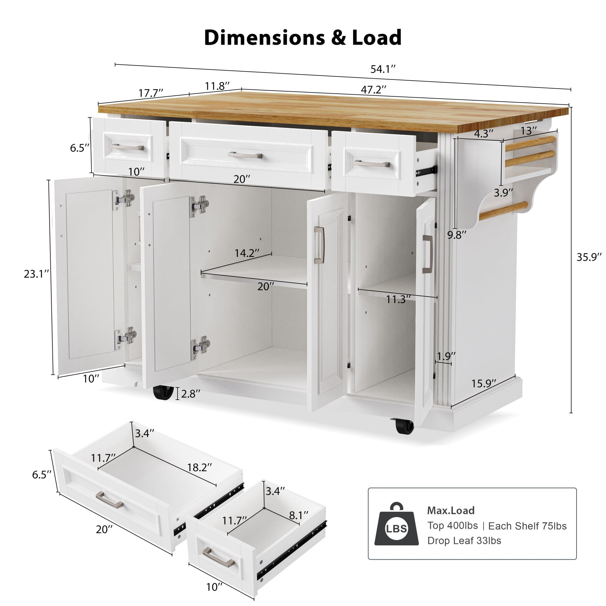 Chords Attic 54-inch Large Kitchen Island with Rubber Wood Drop Leaf, Rolling Kitchen Cart on 4 Wheels with 4 Doors and 3 Drawers for Dining Room