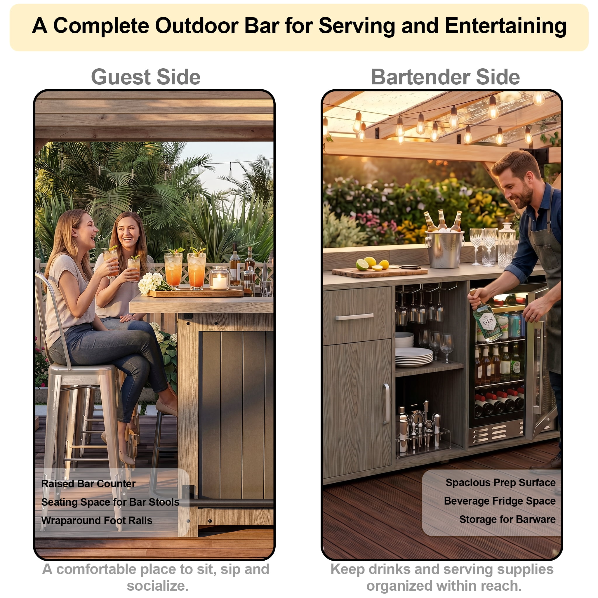 Outdoor Bar Cabinet with Fridge Space, Patio Backyard Bar with Storage
