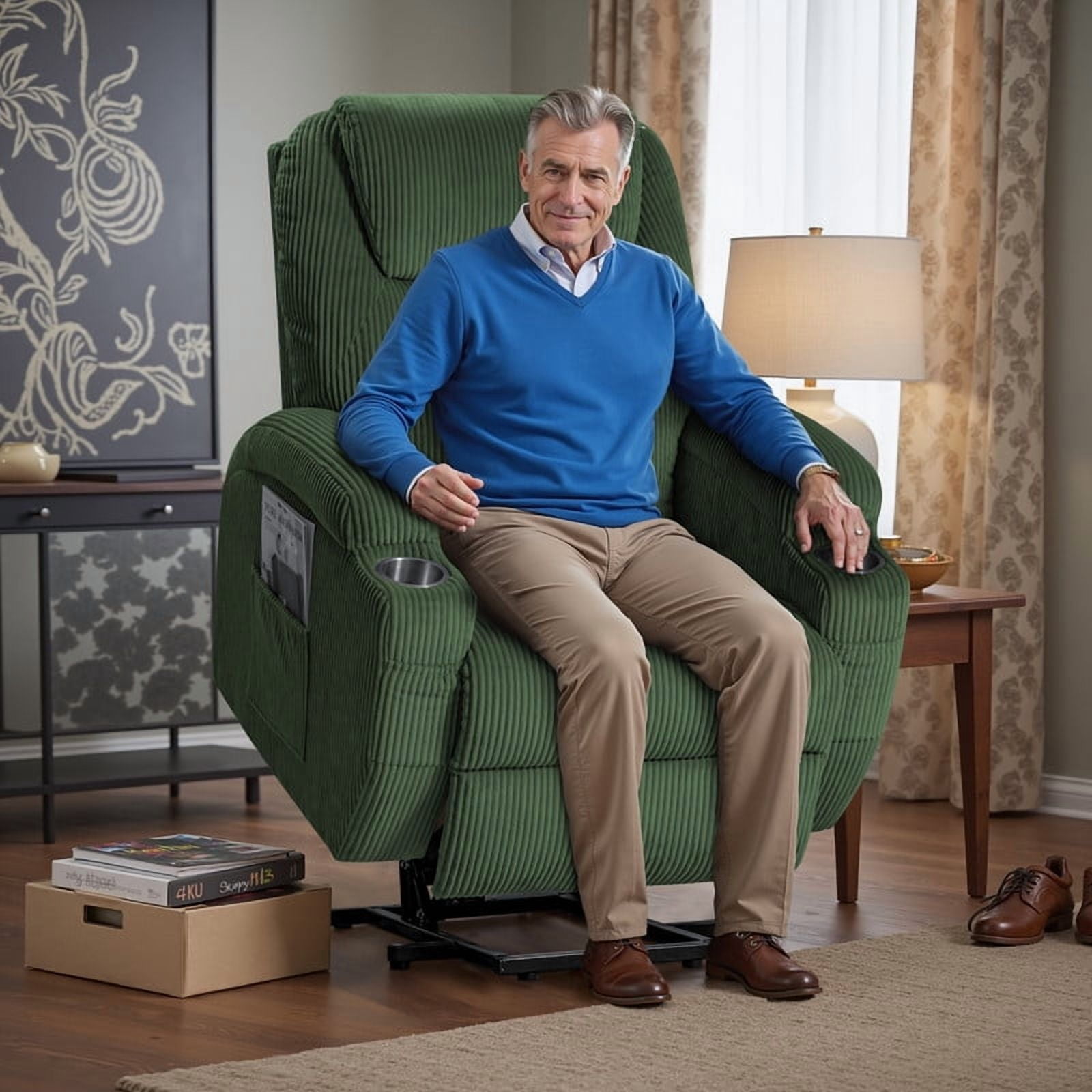Homall Power Lift Massage Recliner Chair with Eight Vibrating Massages Ergonomic Chair with Side Pocket and Soft Corduroy for Living Room,Green
